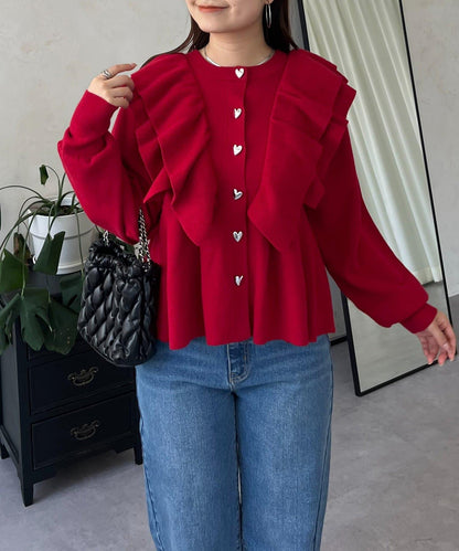 【總選舉參賽單品】愛心紐扣荷葉邊短款收腰開衫