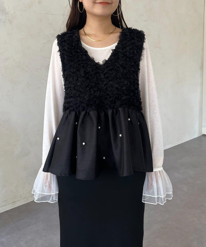 【總選舉參賽單品】花卉圖案珍珠荷葉邊背心