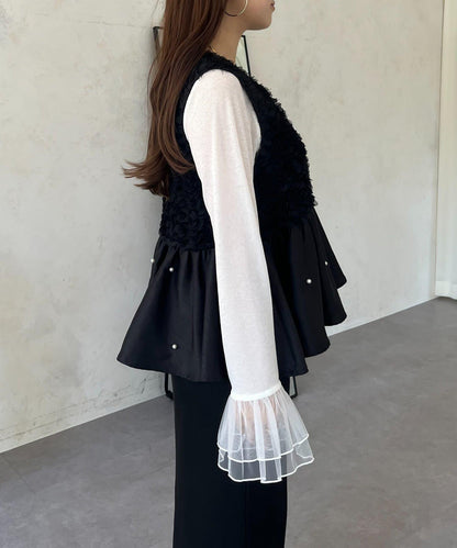 【總選舉參賽單品】花卉圖案珍珠荷葉邊背心