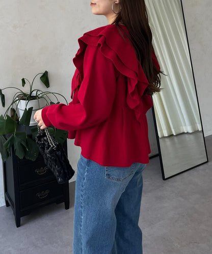 【總選舉參賽單品】愛心紐扣荷葉邊短款收腰開衫