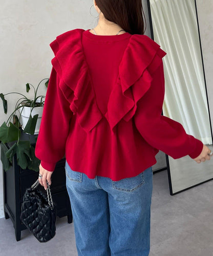 【總選舉參賽單品】愛心紐扣荷葉邊短款收腰開衫