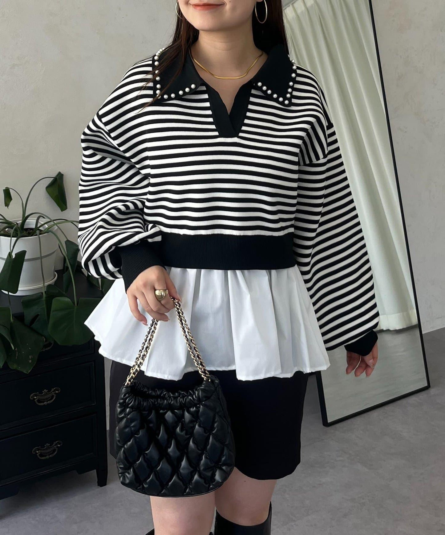 【總選舉參賽單品】珍珠領2way開領荷葉邊針織衫