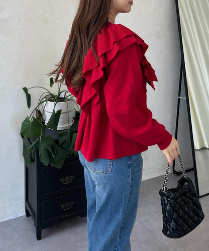 【總選舉參賽單品】愛心紐扣荷葉邊短款收腰開衫