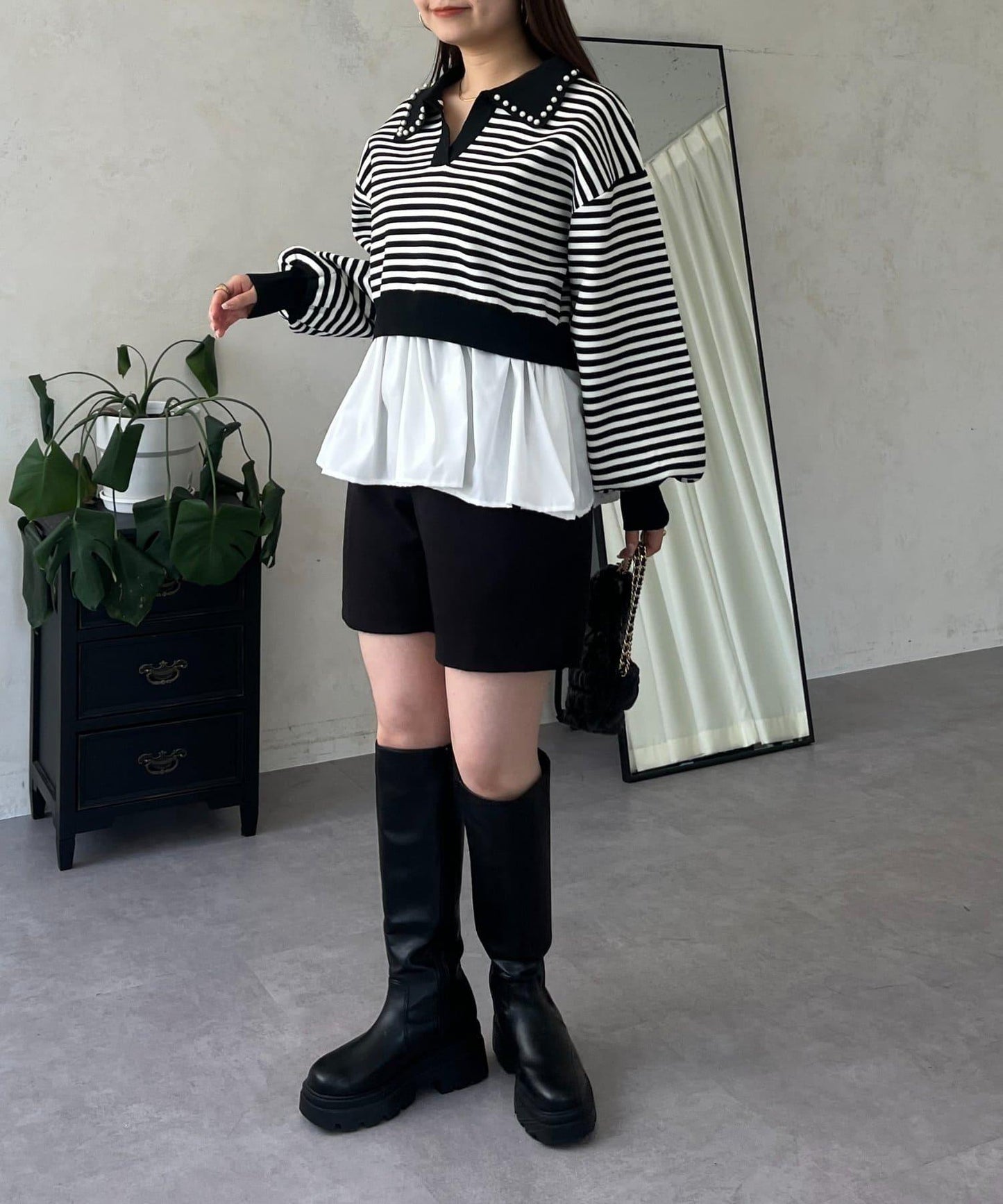 【總選舉參賽單品】珍珠領2way開領荷葉邊針織衫