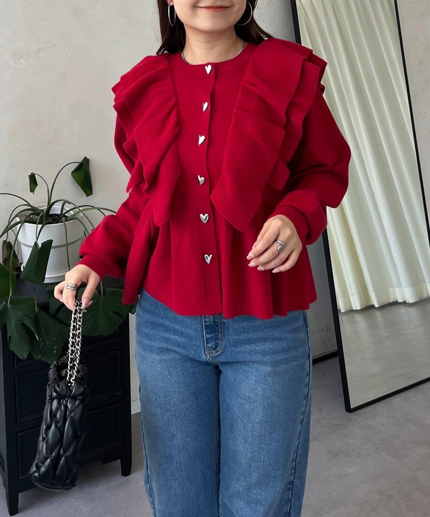 【總選舉參賽單品】愛心紐扣荷葉邊短款收腰開衫