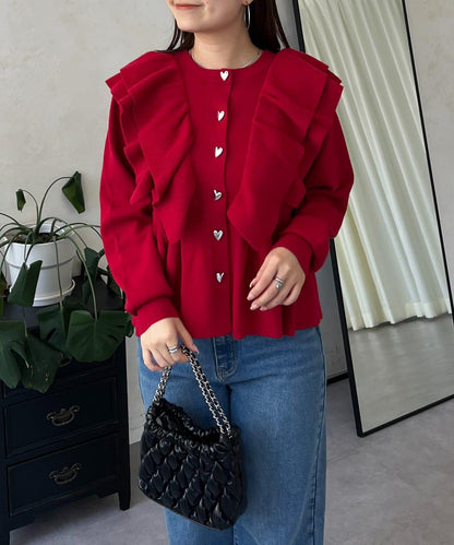 【總選舉參賽單品】愛心紐扣荷葉邊短款收腰開衫