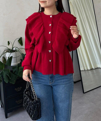 【總選舉參賽單品】愛心紐扣荷葉邊短款收腰開衫