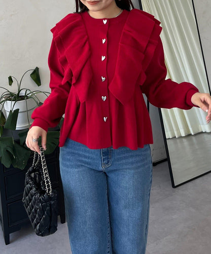 【總選舉參賽單品】愛心紐扣荷葉邊短款收腰開衫