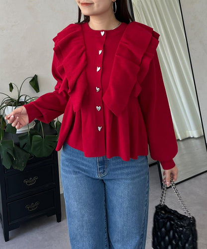 【總選舉參賽單品】愛心紐扣荷葉邊短款收腰開衫