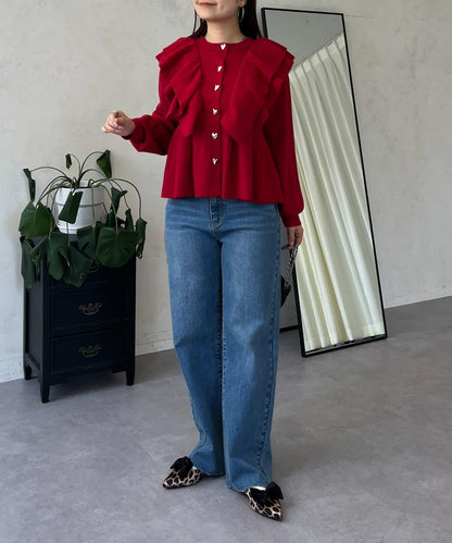 【總選舉參賽單品】愛心紐扣荷葉邊短款收腰開衫