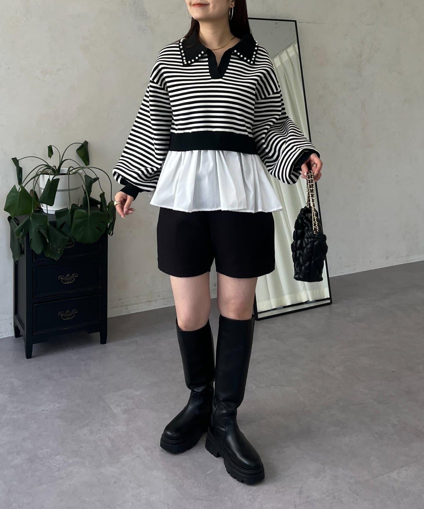 【總選舉參賽單品】珍珠領2way開領荷葉邊針織衫