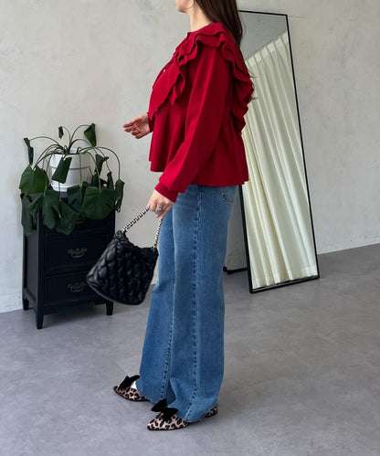 【總選舉參賽單品】愛心紐扣荷葉邊短款收腰開衫