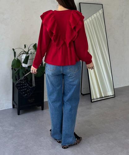 【總選舉參賽單品】愛心紐扣荷葉邊短款收腰開衫