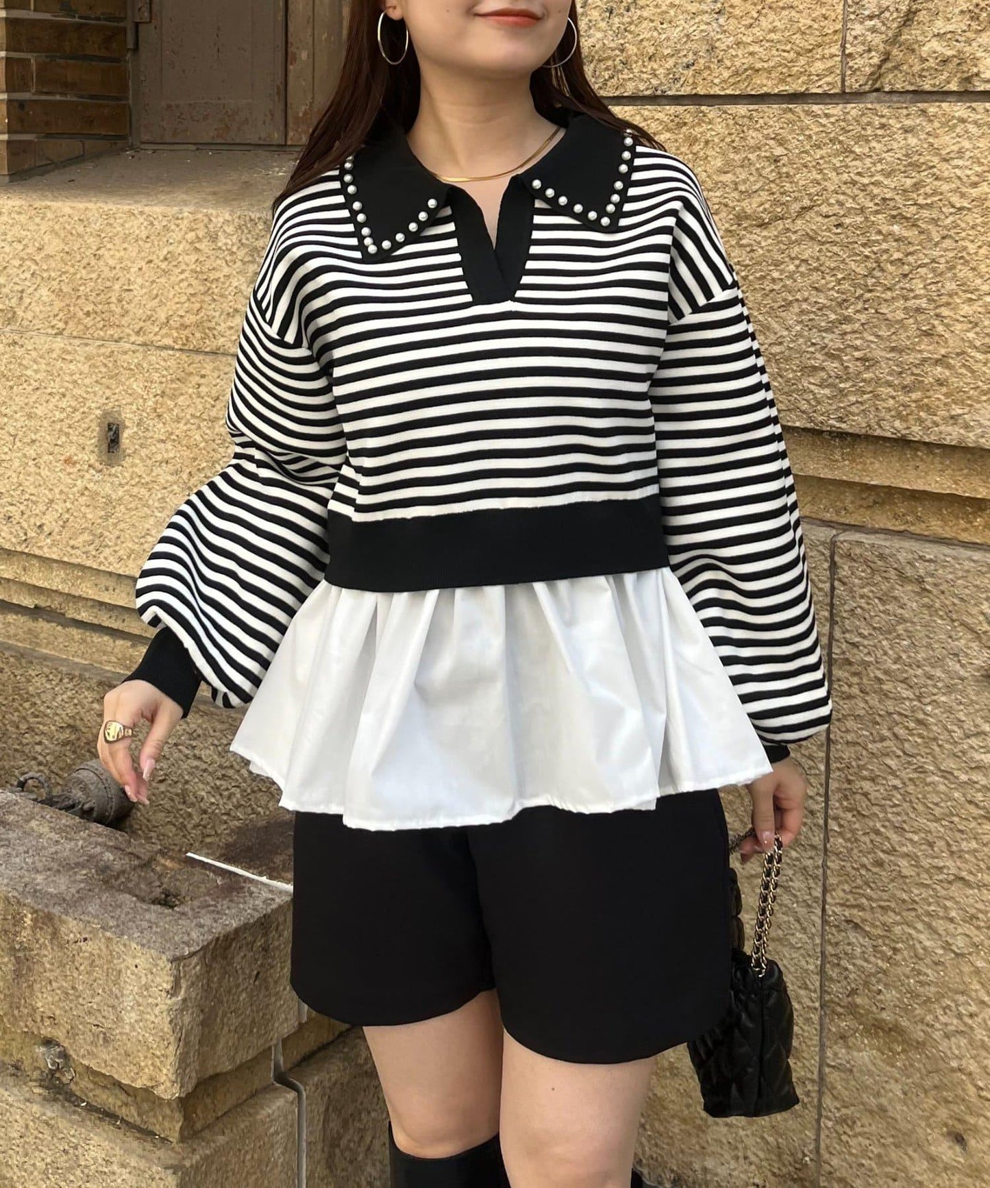 【總選舉參賽單品】珍珠領2way開領荷葉邊針織衫