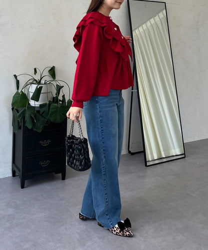 【總選舉參賽單品】愛心紐扣荷葉邊短款收腰開衫