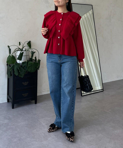 【總選舉參賽單品】愛心紐扣荷葉邊短款收腰開衫