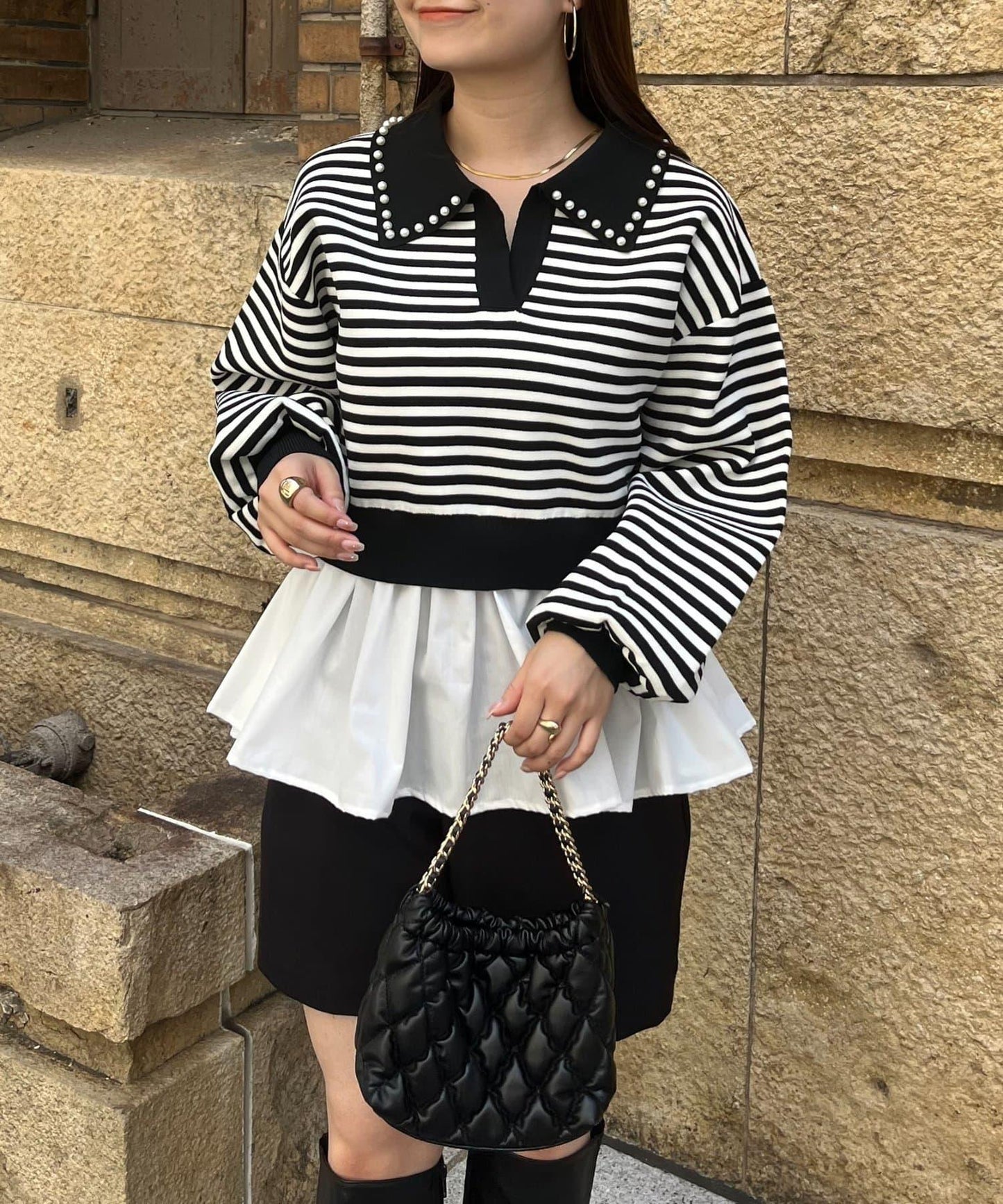 【總選舉參賽單品】珍珠領2way開領荷葉邊針織衫