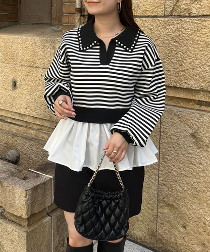 【總選舉參賽單品】珍珠領2way開領荷葉邊針織衫