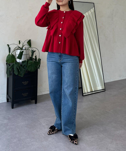 【總選舉參賽單品】愛心紐扣荷葉邊短款收腰開衫