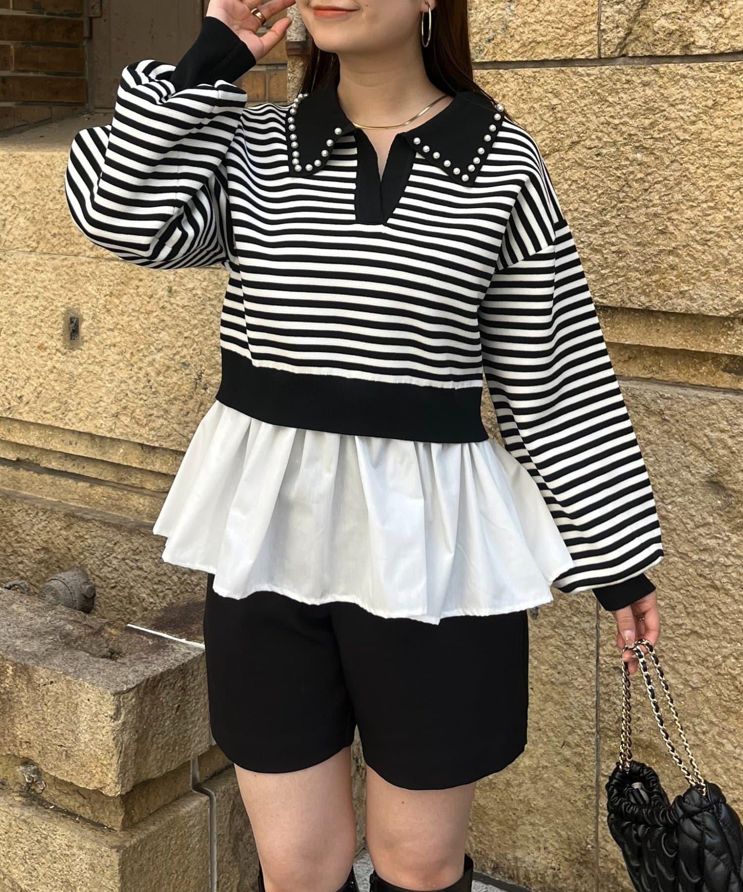 【總選舉參賽單品】珍珠領2way開領荷葉邊針織衫