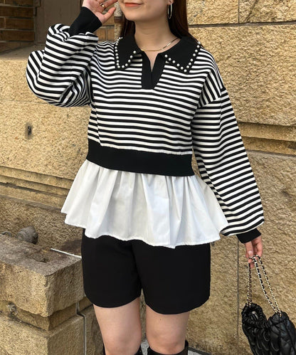 【總選舉參賽單品】珍珠領2way開領荷葉邊針織衫