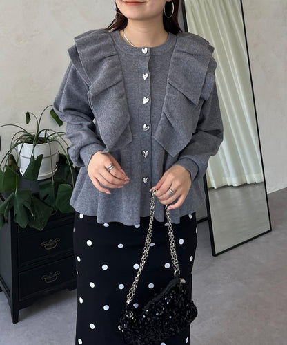 【總選舉參賽單品】愛心紐扣荷葉邊短款收腰開衫