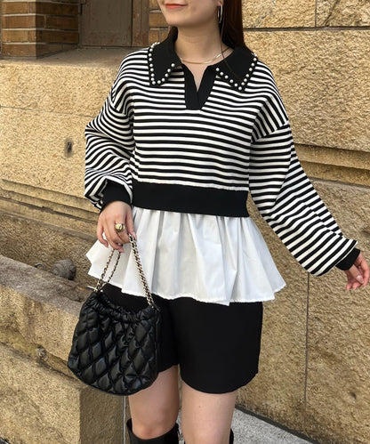 【總選舉參賽單品】珍珠領2way開領荷葉邊針織衫