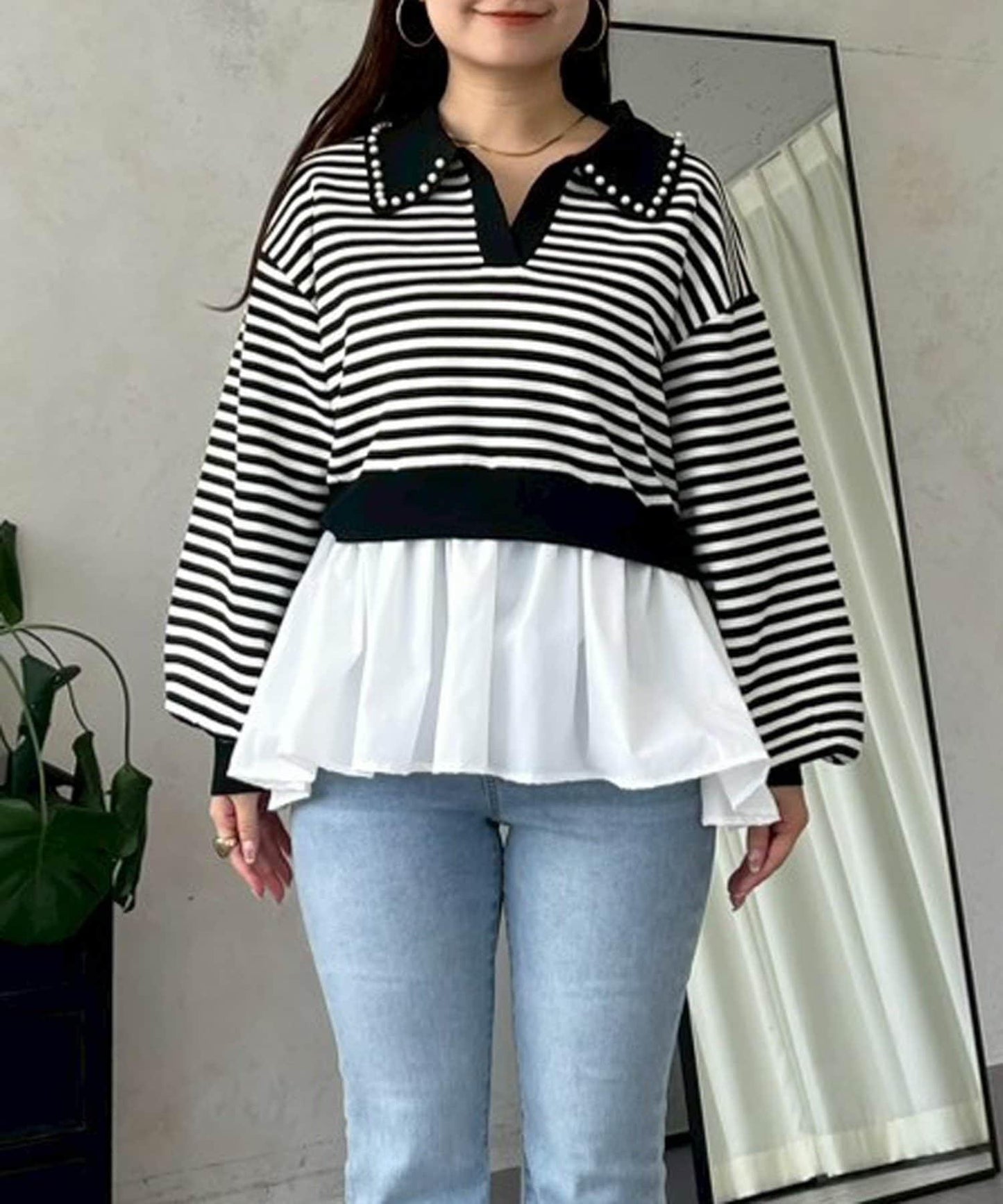 【總選舉參賽單品】珍珠領2way開領荷葉邊針織衫