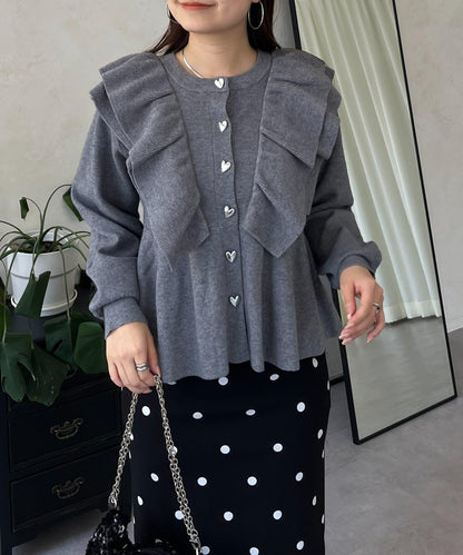 【總選舉參賽單品】愛心紐扣荷葉邊短款收腰開衫