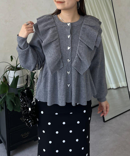 【總選舉參賽單品】愛心紐扣荷葉邊短款收腰開衫