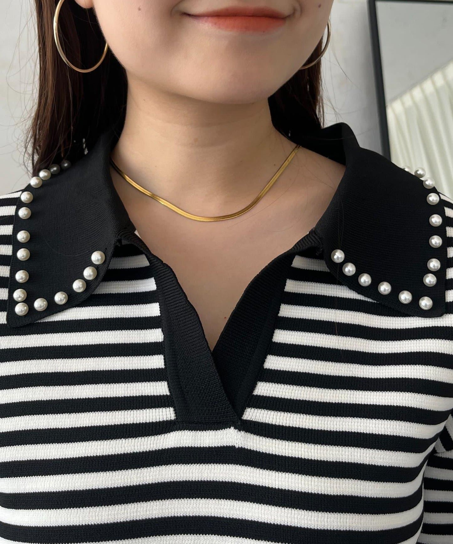 【總選舉參賽單品】珍珠領2way開領荷葉邊針織衫