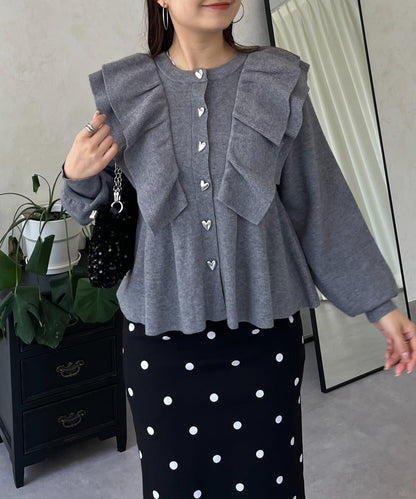 【總選舉參賽單品】愛心紐扣荷葉邊短款收腰開衫