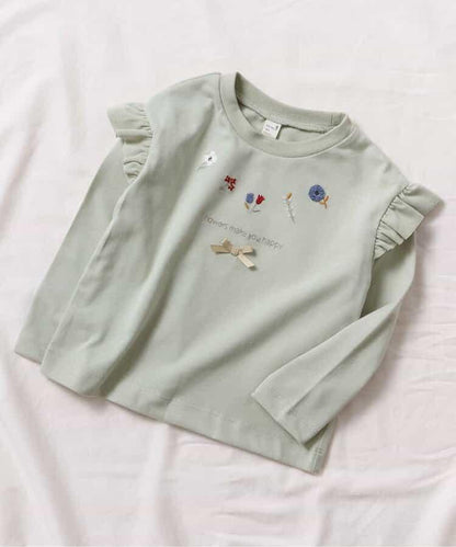 肩部荷葉邊花卉圖案T恤