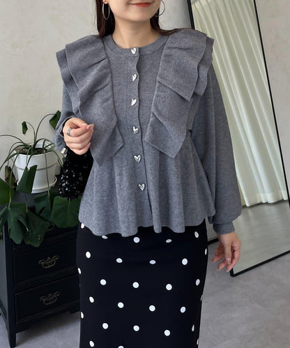 【總選舉參賽單品】愛心紐扣荷葉邊短款收腰開衫