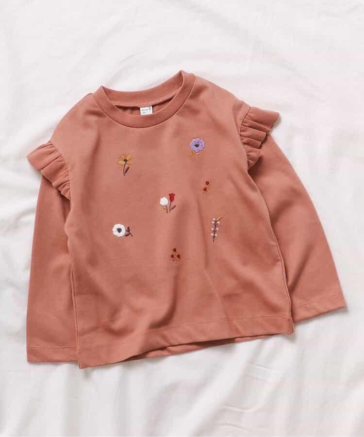 肩部荷葉邊花卉圖案T恤