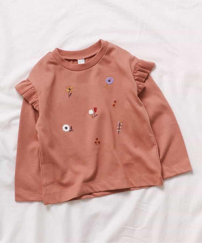 肩部荷葉邊花卉圖案T恤