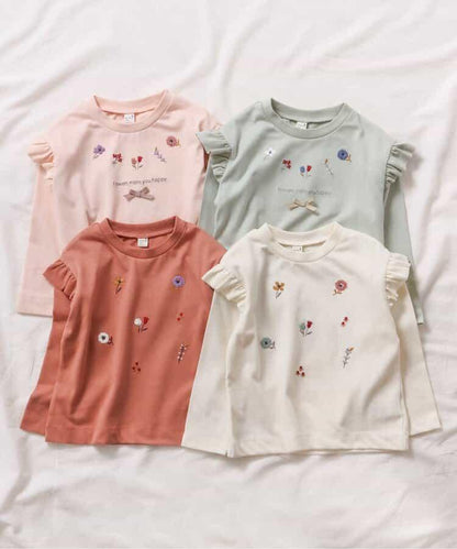 肩部荷葉邊花卉圖案T恤