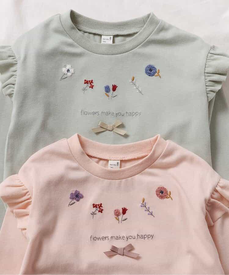 肩部荷葉邊花卉圖案T恤