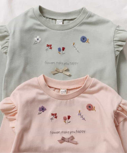 肩部荷葉邊花卉圖案T恤