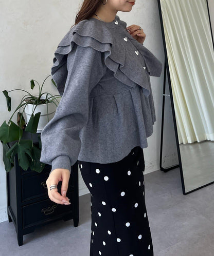 【總選舉參賽單品】愛心紐扣荷葉邊短款收腰開衫