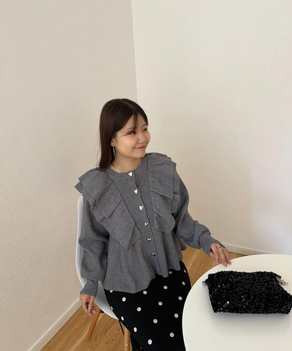 【總選舉參賽單品】愛心紐扣荷葉邊短款收腰開衫