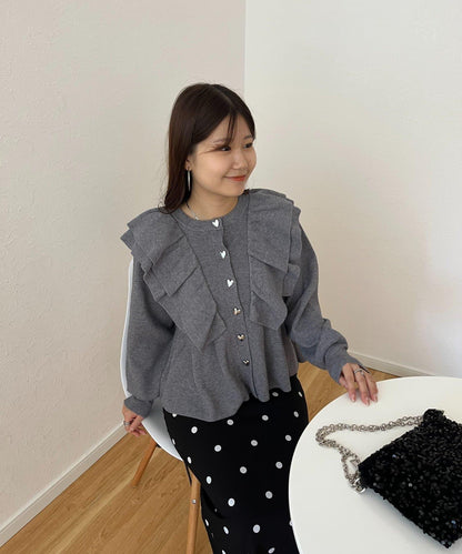 【總選舉參賽單品】愛心紐扣荷葉邊短款收腰開衫