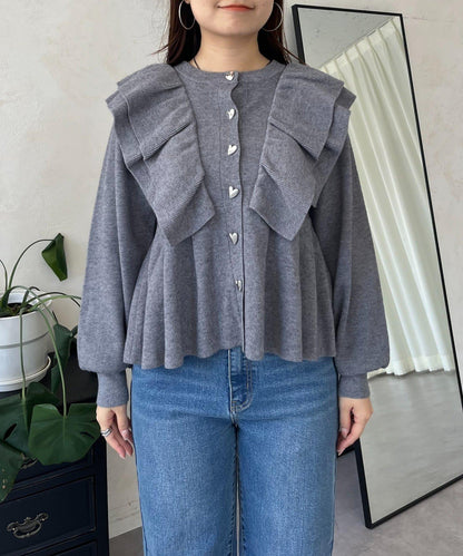 【總選舉參賽單品】愛心紐扣荷葉邊短款收腰開衫