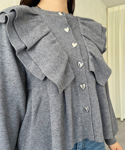【總選舉參賽單品】愛心紐扣荷葉邊短款收腰開衫