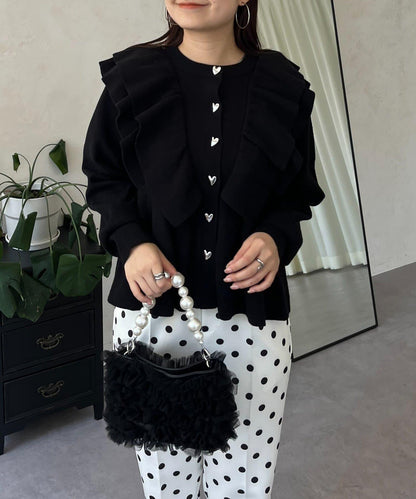 【總選舉參賽單品】愛心紐扣荷葉邊短款收腰開衫