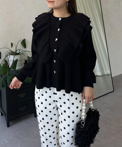 【總選舉參賽單品】愛心紐扣荷葉邊短款收腰開衫