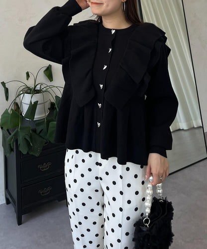 【總選舉參賽單品】愛心紐扣荷葉邊短款收腰開衫