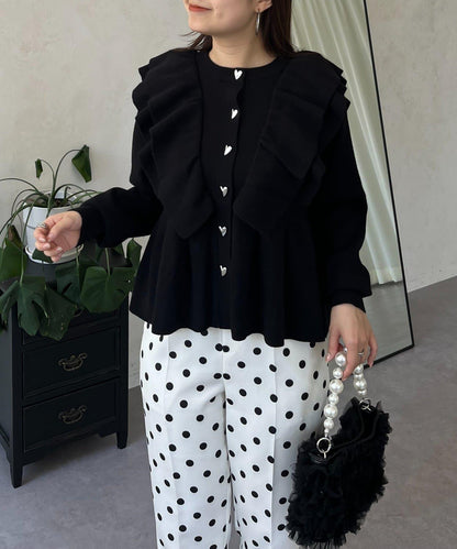 【總選舉參賽單品】愛心紐扣荷葉邊短款收腰開衫