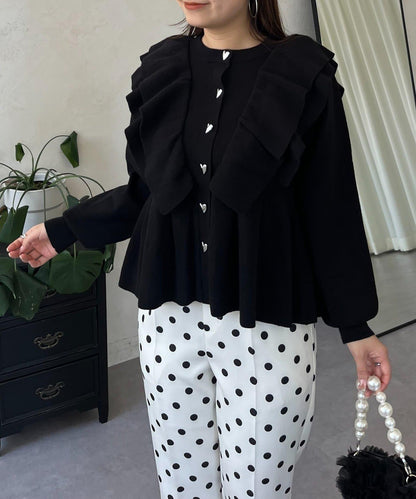 【總選舉參賽單品】愛心紐扣荷葉邊短款收腰開衫