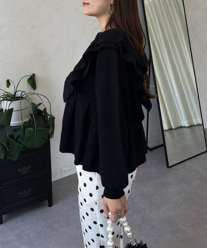 【總選舉參賽單品】愛心紐扣荷葉邊短款收腰開衫